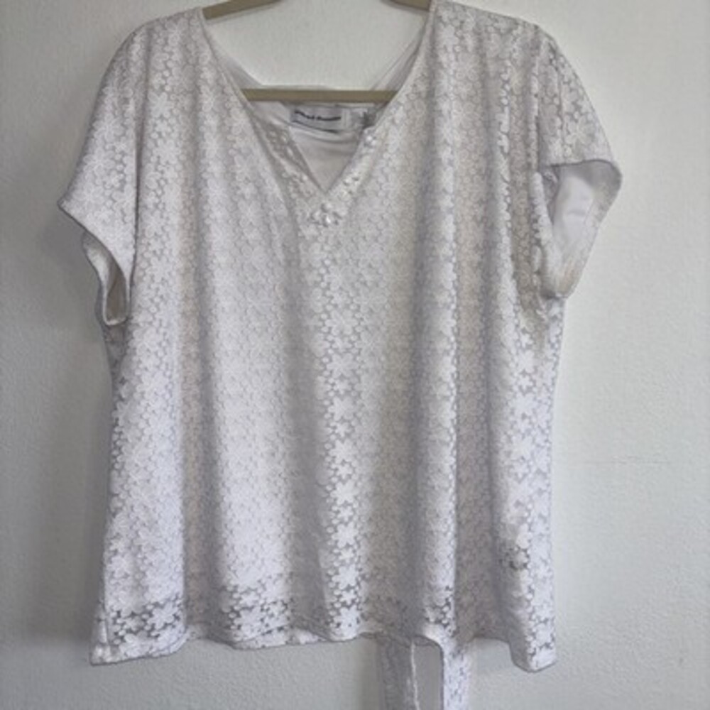 Alfred Dunner Blouse White Lace Floral V-Neck Side Tie Short Sleeve Top Size XL